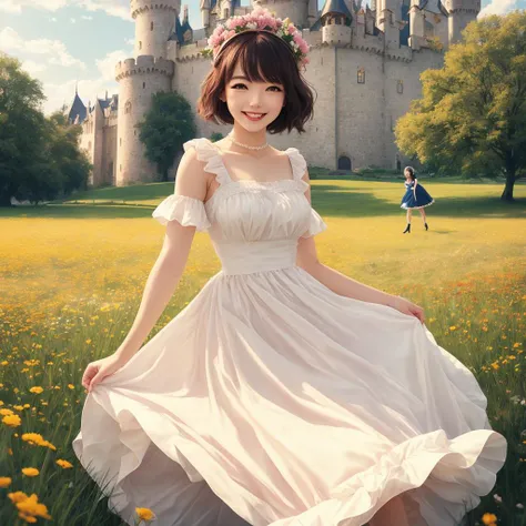 (AliceWonderlandWaifu:1), masterpiece, cute, smile,(dress:1.2), castle background, grassy fields,  flowers, medium closeup, (dynamic pose:1.2),realistic, detailed, cinematic lighting, ,<lora:aliceInWonderlandBy_v10:0.7>