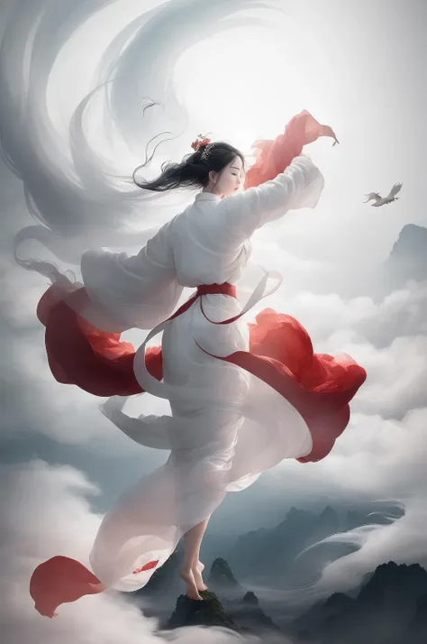 1 girl,(white Chinese robe),
In a captivating scene, a beautiful woman adorned in a flowing white Chinese robe soars through the misty clouds on the back of a majestic Chinese phoenix. The wind gently lifts her robe, accentuating the sense of flight as they gracefully navigate the ethereal cloudscape.