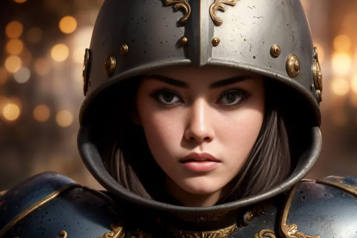 ((best quality)), ((masterpiece)), (detailed), beautiful face, female warrior, (defiance512:1.2), big eyes, heavy black iron armor, detailed helmet, intense gaze, battle-ready, contrasting soft skin, (lighting:1.2), close-up portrait, 4:3 aspect ratio.