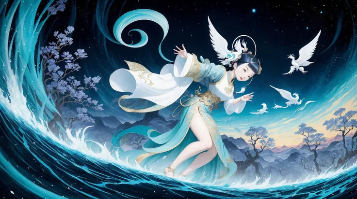 a painting with one chinese girl on a thronesurrounded by the phoenix beast, in the style of dain yoon, dark white and sky-blue, detailed crowd scenes, imaginative illustration, meticulous details, mythological references, in the style of unique yokai illustrations, fresco paintings, otherworldly beings, kushan empire, dark white and aquamarine, high resolution,dark white and aquamarine, unique yokai illustrations, dau al set, high resolution,dense composition, playful repetitions, dark white and light blue, detailed painting, ultrafine detail