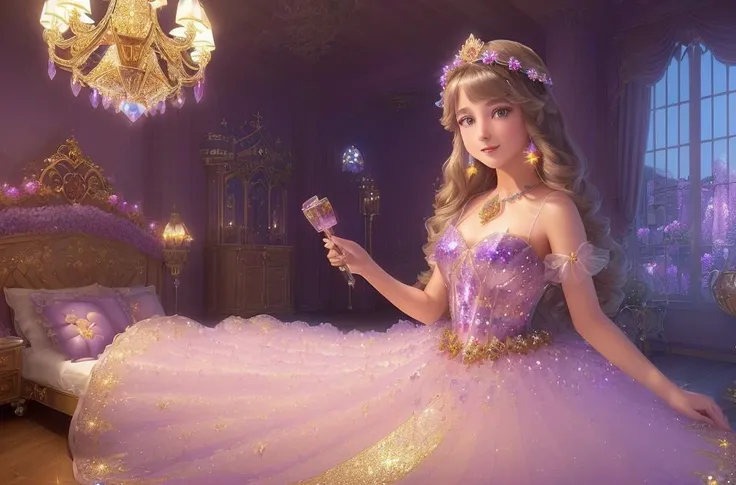 masterpiece, (((best quality))), ((highly detail eyes)), ((perfect eyes)), ((((beautiful eyes)))), both eyes are the same, smooth, (((((perfect face))))), extremely detailed 8K, high resolution, ultra quality, glare, Iridescent, Global illumination, real hair movement, realistic light, realistic shadow, perfect quality, detailed shadow and light, pixar, ((FANTASY)), ((MAGIC)), (((cinematic light))), colorful, hyperdetail, dramatic light, intricate details, best quality, (extremely detailed CG unit 8k wallpaper, masterpiece, best quality, ultradetailed, best shadow), (detailed background: 1.4), (beautiful and detailed face, beautiful detailed eyes), High contrast, (better lighting, extremely delicate and beautiful) beautiful and detailed brightness, 3D, HIPER quality, 2K, 3K, 5K, 6K, 7K, 8K,
((((cute and delicate girl)))), ((((light brown hair))))),((medium hair)), ((((kawaii)))), ((cute eyes))) , ((((kawaii eyes))))
((((Princess)))), ((((Princess flower crown))))
(((((LONG FLOWER BIG KAWAII dress detailed glitter pastel PURPLE crystal princess dress))))),
shiny crystal shoes, ((gold accessories, gold earrings, flower accessories, pearl accessories)),((happy expression)), (((((blue crystals)))))
((((INTERIOR OF THE CASTLE, CASTLE ROOM WITH FLOWERS, CASTLE ROOM WITH SUNSHINE, COZY CASTLE, BRIGHT CASTLE, CASTLE ROOM WITH LAMPS, PILLOWS))), ((WATER FOUNTAIN WITH ROSE FLOWERS))))
(((SHINES, SPARKLES)), GOLD, (((sparkles))), ((shiny butterflies flying)),