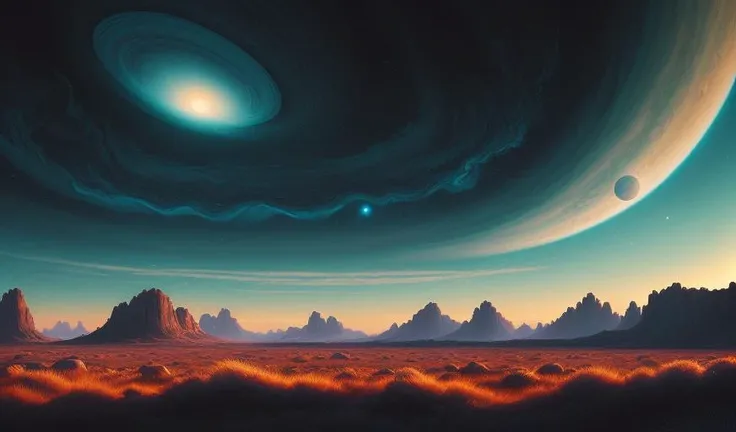 illustration of jupiter clouds by dan mumford, alien landscape and vegetation, epic scene, a lot of swirling clouds, high exposure, highly detailed, realistic, vibrant blue tinted colors, uhd