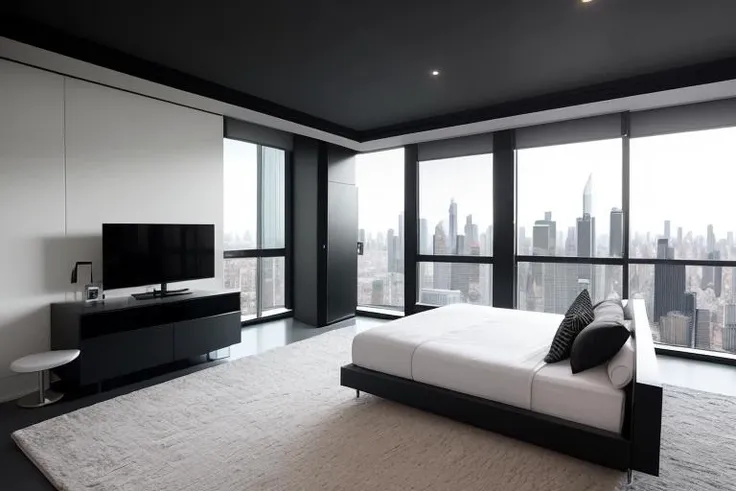 masterpiece,  best quality,
The bedroom is sleek and minimalist, with a queen-sized bed in the corner. The bed has a black leather headboard and a gray duvet, creating a contrast with the white walls. The walls are bare, except for a large flat-screen TV and a digital clock. The floor is polished concrete, with a black and white geometric rug under the bed. There is a glass desk and a swivel chair on the opposite wall, where you can work or surf the internet. There is also a built-in closet, a sliding door and a smart mirror, all controlled by voice or touch. There is a small window on the ceiling, with an automatic blind that can adjust the light and temperature. The window offers a panoramic view of the city skyline, where you can see skyscrapers and neon lights. The bedroom is a futuristic and functional space, where you can enjoy your technology and privacy.