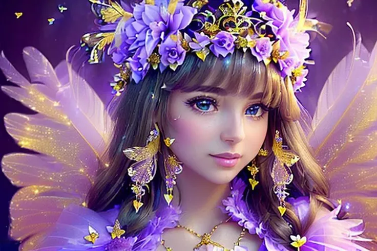 masterpiece, (((best quality))), ((highly detail eyes)), ((perfect eyes)), ((((beautiful eyes)))), both eyes are the same, smooth, (((((perfect face))))), extremely detailed 8K, high resolution, ultra quality, glare, Iridescent, Global illumination, real hair movement, realistic light, realistic shadow, perfect quality, detailed shadow and light, pixar, ((FANTASY)), ((MAGIC)), (((cinematic light))), colorful, hyperdetail, dramatic light, intricate details, best quality, (extremely detailed CG unit 8k wallpaper, masterpiece, best quality, ultradetailed, best shadow), (detailed background: 1.4), (beautiful and detailed face, beautiful detailed eyes), High contrast, (better lighting, extremely delicate and beautiful) beautiful and detailed brightness, 3D, HIPER quality, 2K, 3K, 5K, 6K, 7K, 8K,
((((cute and delicate girl)))), ((((light brown hair))))),((medium hair)), ((((kawaii)))), ((cute eyes))) , ((((kawaii eyes))))
((((Princess)))), ((((Princess flower crown))))
((((CHIC PERFECT PRINCESS LONG PURPLE FEATHER BRIGHT WITH FLOWERS AND GLITTER)))), ((((((PURPLE DRESS)))))
shiny crystal shoes, ((gold accessories, gold earrings, flower accessories, pearl accessories)),((happy expression)), (((blue crystals)))
((((INTERIOR OF THE CASTLE, CASTLE ROOM WITH FLOWERS, CASTLE ROOM WITH SUNSHINE, COZY CASTLE, BRIGHT CASTLE, CASTLE ROOM WITH LAMPS, PILLOWS, ))), ((WATER FOUNTAIN WITH ROSE FLOWERS)))), ((LAKE, SHELLS, FLOWERS,WATER SOURCE))), ((FIREPLACE))
(((SHINES, SPARKLES)), GOLD, (((sparkles))), ((shiny butterflies flying)),