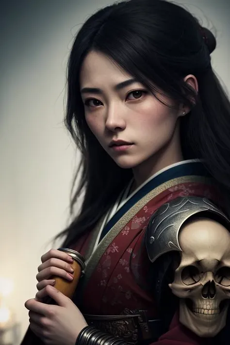 ((best quality)), ((masterpiece)), (detailed), portrait, female samurai, mystical, night, dark deep forest, (glowing skull in hand:1.2), cinematic, armor, determined expression, traditional hairstyle, moonlight, (shadows:1.2), subtle glow, 16:9 aspect ratio, close-up view.