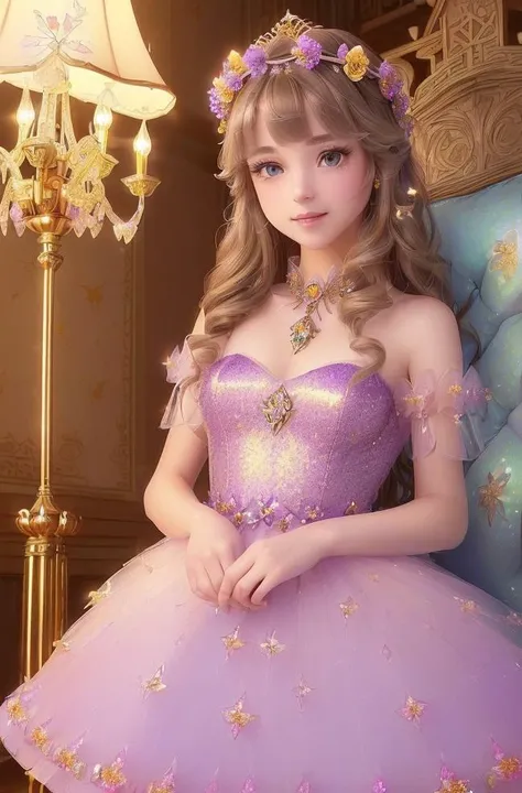 masterpiece, (((best quality))), ((highly detail eyes)), ((perfect eyes)), ((((beautiful eyes)))), both eyes are the same, smooth, (((((perfect face))))), extremely detailed 8K, high resolution, ultra quality, glare, Iridescent, Global illumination, real hair movement, realistic light, realistic shadow, perfect quality, detailed shadow and light, pixar, ((FANTASY)), ((MAGIC)), (((cinematic light))), colorful, hyperdetail, dramatic light, intricate details, best quality, (extremely detailed CG unit 8k wallpaper, masterpiece, best quality, ultradetailed, best shadow), (detailed background: 1.4), (beautiful and detailed face, beautiful detailed eyes), High contrast, (better lighting, extremely delicate and beautiful) beautiful and detailed brightness, 3D, HIPER quality, 2K, 3K, 5K, 6K, 7K, 8K,
((((cute and delicate girl)))), ((((light brown hair))))),((medium hair)), ((((kawaii)))), ((cute eyes))) , ((((kawaii eyes))))
((((Princess)))), ((((Princess flower crown))))
(((((LONG FLOWER BIG KAWAII dress detailed glitter pastel PURPLE crystal princess dress))))),
shiny crystal shoes, ((gold accessories, gold earrings, flower accessories, pearl accessories)),((happy expression)), (((((blue crystals)))))
((((INTERIOR OF THE CASTLE, CASTLE ROOM WITH FLOWERS, CASTLE ROOM WITH SUNSHINE, COZY CASTLE, BRIGHT CASTLE, CASTLE ROOM WITH LAMPS, PILLOWS))), ((WATER FOUNTAIN WITH ROSE FLOWERS))))
(((SHINES, SPARKLES)), GOLD, (((sparkles))), ((shiny butterflies flying)),