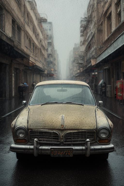 There is a car that is parked on the street in the rain - SeaArt AI