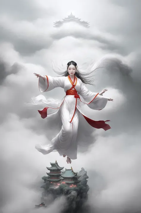 1 girl,(white Chinese robe),
In a captivating scene, a beautiful woman adorned in a flowing white Chinese robe soars through the misty clouds on the back of a majestic Chinese phoenix. The wind gently lifts her robe, accentuating the sense of flight as they gracefully navigate the ethereal cloudscape.
