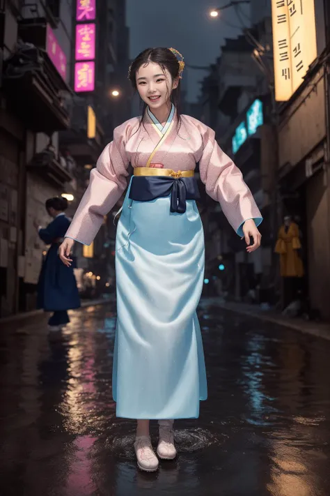 (solo, ), (night),wearing a (Korean Hanbok:1.5),running,straight-on,seductive smile,long dark hair,(full body:1.1), (cyberpunk background:1.2), outdoors,
(rain:1.1, wet, wet hair, ) ,(medium breasts, bouncing breasts),