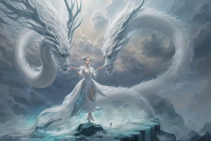 In a captivating image, an elegant woman clad in a white Chinese gown glides through the sky atop a mythical Chinese dragon. As they traverse the heavens, her flowing gown and the dragon's iridescent scales create a mesmerizing vision of harmony and otherworldly beauty. 
hdr, (photorealism, masterpiece quality, best quality), , pureerosface_v1,ulzzang-6500-v1.1,<lora:chineseDragonChinese_v20:0.9>,