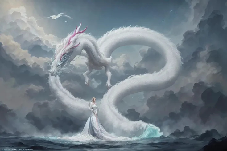 In a captivating image, an elegant woman clad in a white Chinese gown glides through the sky atop a mythical Chinese dragon. As they traverse the heavens, her flowing gown and the dragon's iridescent scales create a mesmerizing vision of harmony and otherworldly beauty. 
hdr, (photorealism, masterpiece quality, best quality), , pureerosface_v1,ulzzang-6500-v1.1,<lora:chineseDragonChinese_v20:0.9>,