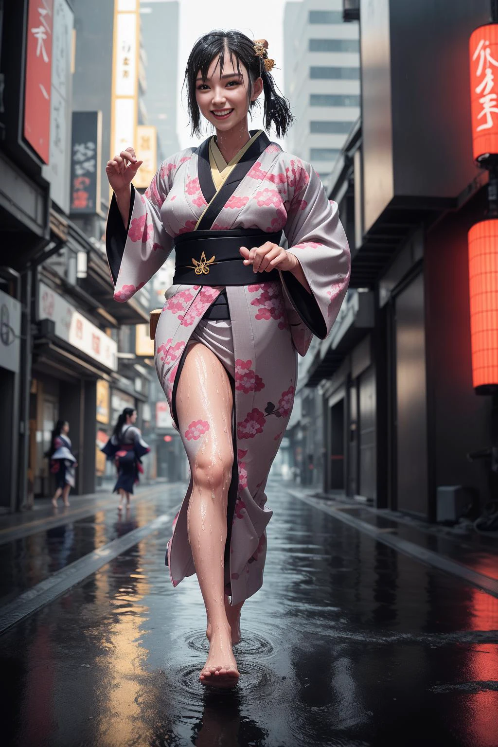 (solo, ), (night),wearing a (Kimono:1.5),running,straight-on,seductive smile,long dark hair,(full body:1.1), (cyberpunk background:1.2), outdoors,
(rain:1.1, wet, wet hair, ) ,(medium breasts, bouncing breasts),