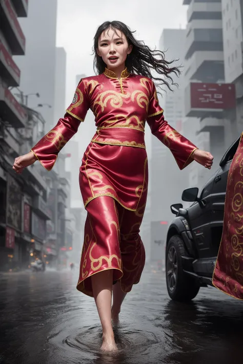 (solo, ), (night),wearing a (Kyrgyz Traditional Dress:1.5),running,straight-on,seductive smile,long  dark hair,(full body:1.1), (cyberpunk background:1.2), outdoors,
(rain:1.1, wet, wet hair, ) ,(medium breasts,  bouncing breasts),