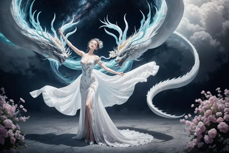 In a captivating image, an elegant woman clad in a white Chinese gown glides through the sky atop a mythical Chinese dragon. As they traverse the heavens, her flowing gown and the dragon's iridescent scales create a mesmerizing vision of harmony and otherworldly beauty.
hdr, (photorealism, masterpiece quality, best quality), <lora:chineseDragonChinese_v20:0.3>, pureerosface_v1,ulzzang-6500-v1.1