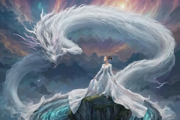 In a captivating image, an elegant woman clad in a white Chinese gown glides through the sky atop a mythical Chinese dragon. As they traverse the heavens, her flowing gown and the dragon's iridescent scales create a mesmerizing vision of harmony and otherworldly beauty. 
hdr, (photorealism, masterpiece quality, best quality), , pureerosface_v1,ulzzang-6500-v1.1,<lora:chineseDragonChinese_v20:0.9>,