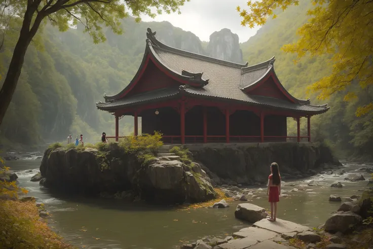 (karst topography),Taoist temple,(1girl:2),day,maple leaves,Taoist temple,river valley,
hdr, photorealism, masterpiece quality, best quality,