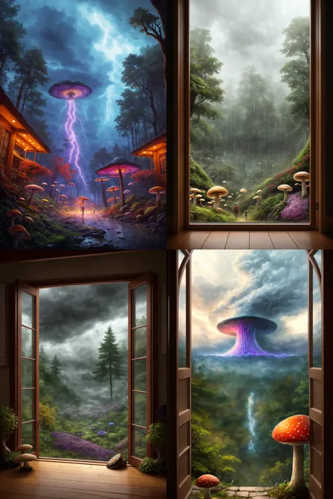 drawn by Adrian Smith, raining and storming outside of a window with magical forests, mushrooms, and creatures, audio waves, colorful.