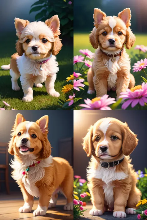 very cute cavoodlepup illustration, 8k resolution, high resolution, super detailed, with a clear focus on the pup and a highly detailed character design. The use of rim light, soft lighting, and sun flare should add depth and atmosphere to the image, fluffy, foggy, A light golden floral background with a subtle foggy effect is desired, adding a touch of mystery to the illustration, Vibrant colors should be used to bring the pup to life, with the emphasis on the pup's fluffiness and character.