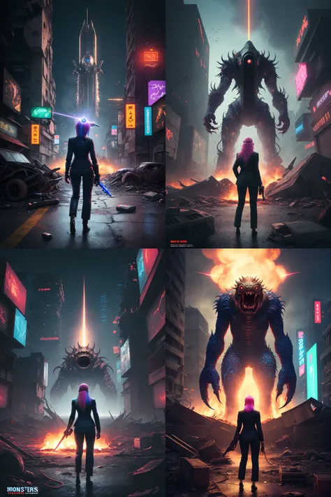 A woman holding a pistol, from behind, pistol,
1girl, (woman),
cyberpunk, futuristic, sci-fi, science_fiction, post-apocalypse, ruins,
cityscape, destroyed_building,
holding a laser_pistol,
fighting, combat, battle,
crash, (explosion), (plasma, lasers), fire, (jet_fighter), spacecraft, ufo,
fighting_monsters, ((monster, background_monster, monsters, beholder)), surrounded,
((realistic, photorealistic)),
((masterpiece, best quality, ultra detailed)),
((intricate details, ultra realistic details, illustration)),
night, in the dark,
((neon_lights)),
secret_agent,
[robotic_limbs],
[agent, badge, emblem],
sunglasses,
suit,
jacket,
white dress_shirt,
[slacks], pants,
((multicolor_hair)),
(action_pose, shooting),
