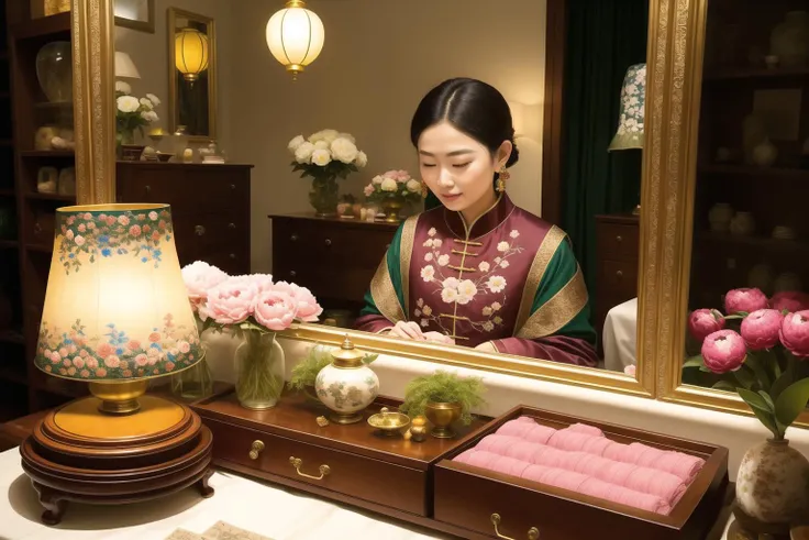 1girl,Bedding: carved redwood bed, embroidered silk bed sheets, decorative pillows
Clothes: redwood wardrobe, traditional silk dresses, long gowns, skirts, jackets, cloaks
Jewelry: redwood dressing table, gold and silver earrings, jade bracelets, jadeite necklaces, hairpins
Dressing accessories: pearl-inlaid comb, mirror, rouge box, powder box, sachets
Four Treasures of the Study: inkstone, brush, ink stick, paper, poetry collections, painting albums
Flowers: peonies, hanging orchids, camellias
Decorations: Chinese paintings, embroidered tapestry, porcelain vases, jade ornaments
Palace lantern: lantern with delicate flower and bird patterns