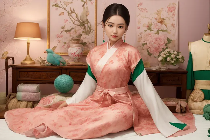 (white hanfu),1 girl,
redwood carved bed, mandarin ducks pattern, embroidered silk sheets, pink color, peonies, butterflies, brocade pillows, flower and bird patterns, luxurious brocade quilt, rich red color, gold-threaded phoenixes, cloud patterns, silk tassels, carved redwood wardrobe, plum, orchid, bamboo, chrysanthemum flowers, silk dresses, long gowns, skirts, jackets, cloaks, emerald green, peach pink, violet, redwood dressing table, mirror, metal border, pearls, gemstones, gold and silver earrings, jade bracelets, jadeite necklaces, hairpins, pearl-inlaid comb, powder boxes, rouge boxes, sachets, inkstone, brushes, ink sticks, paper, poetry collections, painting albums, peonies, hanging orchids, butterfly orchids, camellias, Chinese painting, landscape, embroidered tapestry, peaches of immortality, magpies, porcelain vases, lady portraits, jade ornaments, jade rabbits, jade Ruyi, palace lantern, flower and bird patterns, warm light.