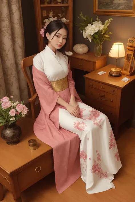 (white hanfu),1 girl,
redwood carved bed, mandarin ducks pattern, embroidered silk sheets, pink color, peonies, butterflies, brocade pillows, flower and bird patterns, luxurious brocade quilt, rich red color, gold-threaded phoenixes, cloud patterns, silk tassels, carved redwood wardrobe, plum, orchid, bamboo, chrysanthemum flowers, silk dresses, long gowns, skirts, jackets, cloaks, emerald green, peach pink, violet, redwood dressing table, mirror, metal border, pearls, gemstones, gold and silver earrings, jade bracelets, jadeite necklaces, hairpins, pearl-inlaid comb, powder boxes, rouge boxes, sachets, inkstone, brushes, ink sticks, paper, poetry collections, painting albums, peonies, hanging orchids, butterfly orchids, camellias, Chinese painting, landscape, embroidered tapestry, peaches of immortality, magpies, porcelain vases, lady portraits, jade ornaments, jade rabbits, jade Ruyi, palace lantern, flower and bird patterns, warm light.