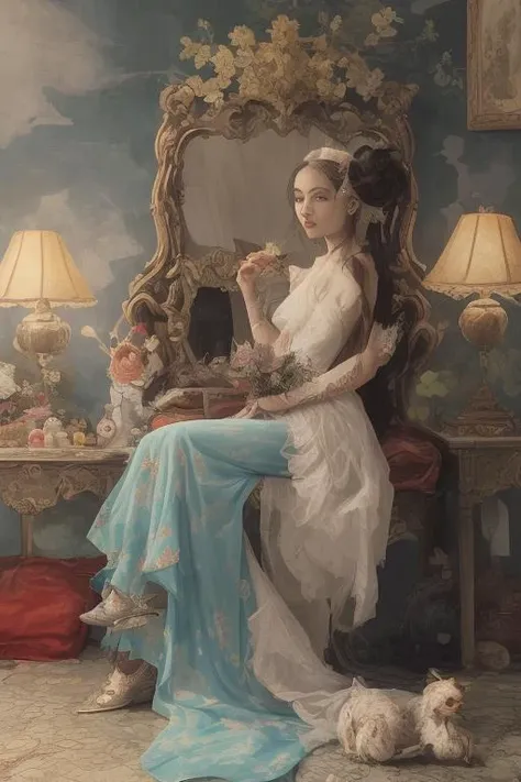 (white hanfu),1 girl,
redwood carved bed, mandarin ducks pattern, embroidered silk sheets, pink color, peonies, butterflies, brocade pillows, flower and bird patterns, luxurious brocade quilt, rich red color, gold-threaded phoenixes, cloud patterns, silk tassels, carved redwood wardrobe, plum, orchid, bamboo, chrysanthemum flowers, silk dresses, long gowns, skirts, jackets, cloaks, emerald green, peach pink, violet, redwood dressing table, mirror, metal border, pearls, gemstones, gold and silver earrings, jade bracelets, jadeite necklaces, hairpins, pearl-inlaid comb, powder boxes, rouge boxes, sachets, inkstone, brushes, ink sticks, paper, poetry collections, painting albums, peonies, hanging orchids, butterfly orchids, camellias, Chinese painting, landscape, embroidered tapestry, peaches of immortality, magpies, porcelain vases, lady portraits, jade ornaments, jade rabbits, jade Ruyi, palace lantern, flower and bird patterns, warm light.