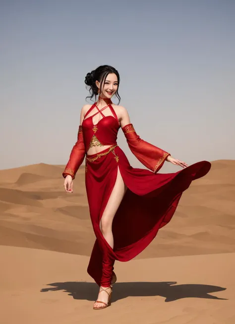 <lora:haremDancer_v1:1.2> ,dancer,long dress,wind, fantasy, (dancing ball),shiny skin,red clothes,dancing,smile,standing on one leg, hanfu:0.6,desert,
masterpiece, high quality,