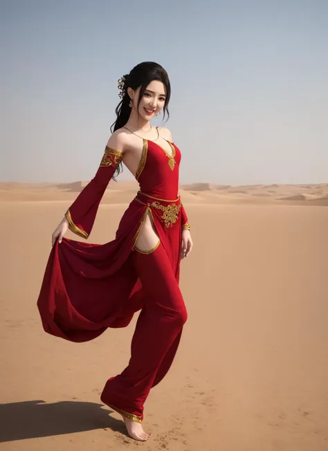 <lora:haremDancer_v1:1.2> ,dancer,long dress,wind, fantasy, (dancing ball),shiny skin,red clothes,dancing,smile,standing on one leg, hanfu:0.6,desert,
masterpiece, high quality,