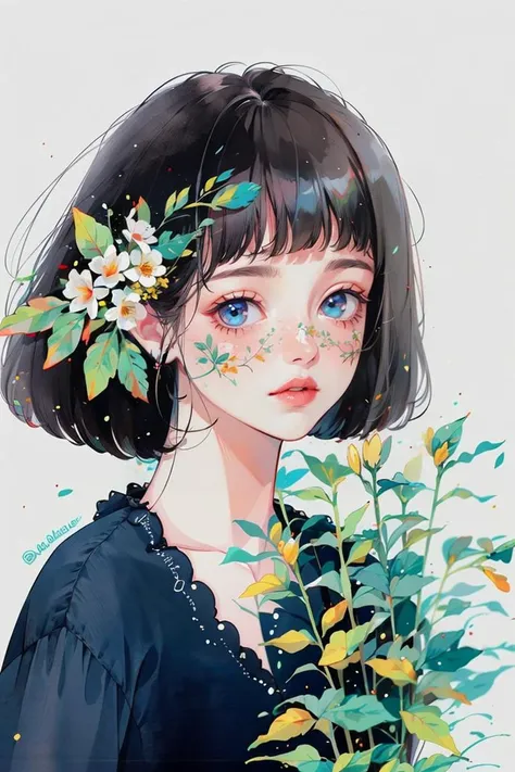 <lora:YXYcolor_v1:1>,yxycolor,1girl, solo, black hair, flower, white background, hair ornament, hair flower, short hair, upper body, bangs, looking at viewer, simple background, leaf, bob cut, plant, shirt, blue shirt, blunt bangs, yellow flower, red lips, blue eyes