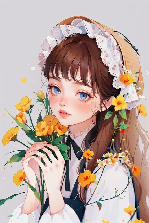 <lora:YXYcolor_v1:1>,yxycolor,
1girl, solo, long hair, brown hair, flower, freckles, bonnet, looking at viewer, yellow flower, simple background, upper body, bangs, ribbon, blush, shirt, white shirt, holding flower, blue eyes, holding, red lips