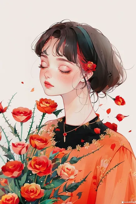 <lora:YXYcolor_v1:1>,yxycolor,
pastel color, watercolor, low color saturation, illustration, lineart, ankymoore, 1girl, bouquet, black hair, camellia, (closed_eyes), flower_ornament, hair_flower, hibiscus, lipstick, makeup, profile, red_flower, red_lips, red_rose, rose_petals, rose_print, short_hair, solo, backless dress, thorns, upper_body, vase, necklace,