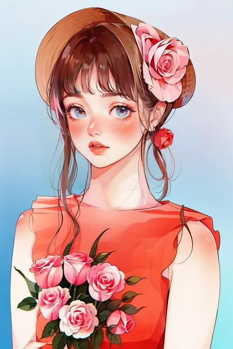 <lora:YXYcolor_v1:1>,yxycolor,1girl, flower, solo, pink flower, brown hair, bangs, blue background, blush, dress, rose, blue eyes, upper body, holding, bouquet, pink rose, hat