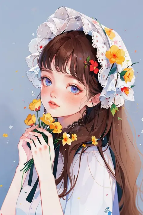 <lora:YXYcolor_v1:1>,yxycolor,
1girl, solo, long hair, brown hair, flower, freckles, bonnet, looking at viewer, yellow flower, simple background, upper body, bangs, ribbon, blush, shirt, white shirt, holding flower, blue eyes, holding, red lips