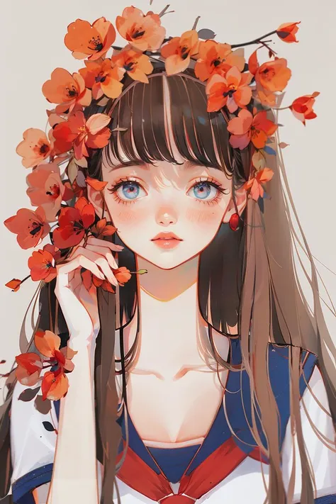 <lora:YXYcolor_v1:1>,yxycolor,yxycolor,1girl, solo, long hair, flower, brown hair, school uniform, freckles, shirt, bangs, white shirt, upper body, sailor collar, neckerchief, red neckerchief, blue sailor collar, red flower, holding flower, short sleeves, petals, blush, collarbone