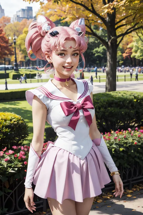 sailor_chibi_moon, pink hair, pink eyes, jewellery, choker, gold circlet, looking at viewer, happy, laughing, mouth open,
standing, outside, central park, autumn, overcast, extreme detail, hdr, beautiful quality, <lora:sailor_chibi_moon:.8>