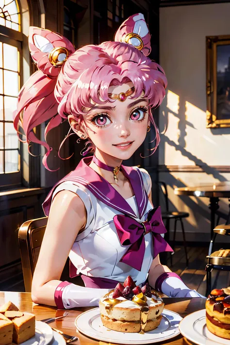 sailor_chibi_moon, pink hair, pink eyes,  jewellery, choker, gold circlet, looking at viewer, happy, excited, smiling, 
sitting, interior of a bakery, table full of pastries, cake and muffins, playful ambiance, 
extreme detail, masterpiece, beautiful quality, <lora:sailor_chibi_moon:.8>