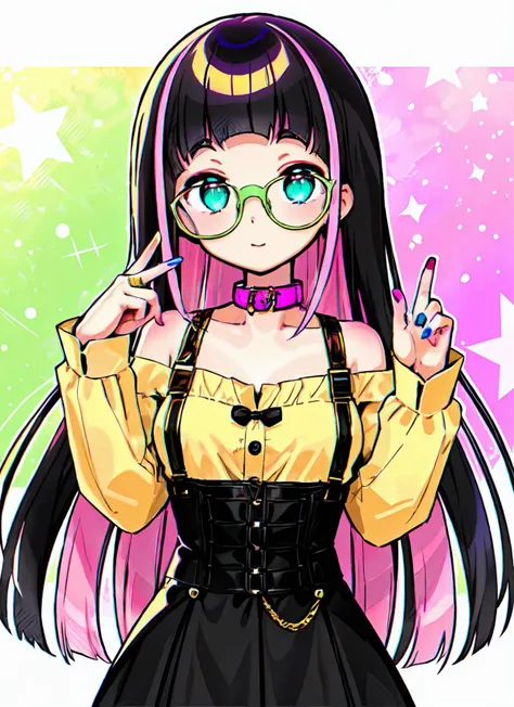 1girl, solo, long hair, looking at viewer, bangs, blue eyes, skirt, shirt, black hair, long sleeves, jewelry, pink hair, multicolored hair, glasses, blunt bangs, black skirt, nail polish, bandaid, yellow shirt, multicolored nails, green-framed eyewear, pink collar
<lora:color_girl_v1:0.6>
