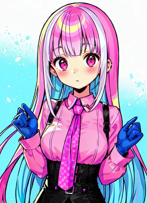 1girl, solo, long hair, breasts, looking at viewer, blush, bangs, shirt, gloves, long sleeves, jewelry, upper body, pink hair, multicolored hair,  necktie,   bandaid, pink shirt, colored inner hair, blue gloves, colorful
<lora:color_girl_v1:0.6>