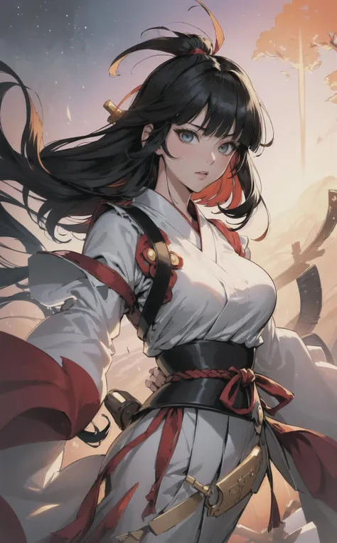 (fantasy illustration:1.5), (solo:1.2), (anime,8k,masterpiece, top quality, best quality,beautiful and aesthetic:1.2,professional illustrasion:1.1,ultra detail:1.3,perfect lighting), extremely detailed, highest detailed, highres, ultra detailed, intricate:1.6, (girl), highly detailed beautiful face and eyes, beautiful hair, bob hair, blunt bangs, (black hair:1.4), (Red ribbon on the back of the hair:1.2), ( Samurai Shodown's nakoruru costume:1.2), kirakira skin, (abstract:1.2), pretty, subesube, (small stature,medium breast, cleavage), sense of speed