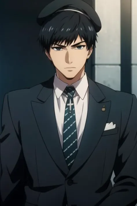 masterpiece, best quality, illustration, 1boy, solo, male focus, looking at viewer, upper body, depth of field, anime coloring, realistic, <lora:koutarou_amon:0.66>, koutarou_amon, black hair, black eyes, suit trousers, beret, , High definition