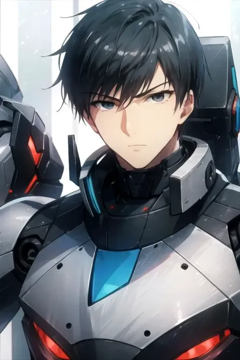 masterpiece, best quality, photorealistic, 1boy, solo, male focus, looking at viewer, upper body, , anime coloring, , <lora:koutarou_amon:0.72>, koutarou_amon, black hair, black eyes, , Sentient robots- Robots with expressive visual displays, glowing eyes, and sleek, polished exteriors., 16k resolution