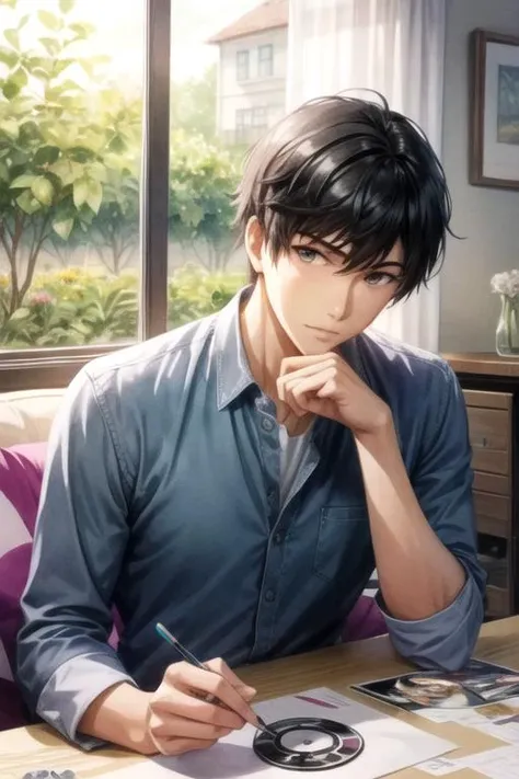 masterpiece, best quality, , 1boy, solo, male focus, looking at viewer, upper body, , (watercolor illustration, soft pastel colors:1.1), , <lora:koutarou_amon:0.66>, koutarou_amon, black hair, black eyes, button-up shirt, , , HD-DVD