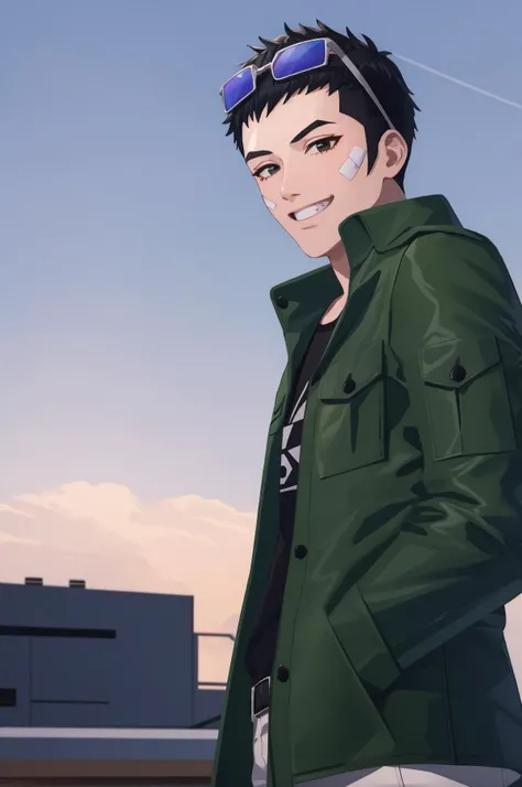masterpiece, best quality, solo male, outdoors, power plant, <lora:zs_Keiji:0.8> keijish, black hair, bandaid on face, eyewear on head, sunglasses, green jacket, white pants, big smile, closed mouth, teeth