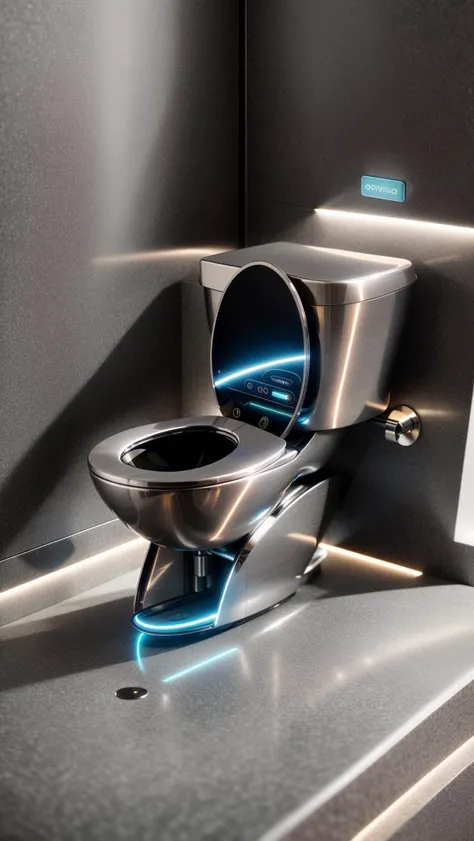 A futuristic toilet sits gracefully in the middle of a high-tech restroom in the city of the future. The toilet is designed with sleek and minimalistic aesthetics, made of stainless steel and glass, emanating a soft neon glow. As people approach it, the toilet activates its self-cleaning and auto-sanitizing mechanisms, creating an efficient and convenient experience. The touch-sensitive interface adds a modern touch to the whole setup. The digital rendering emphasizes every intricate detail, resulting in a high-definition 4K image that showcases the toilet's futuristic allure. <lora:more_details:0.4> <lora:add_detail:0.4> <lora:AntimatterTech:0.4> <lora:Neonpunkai-8:0.6>