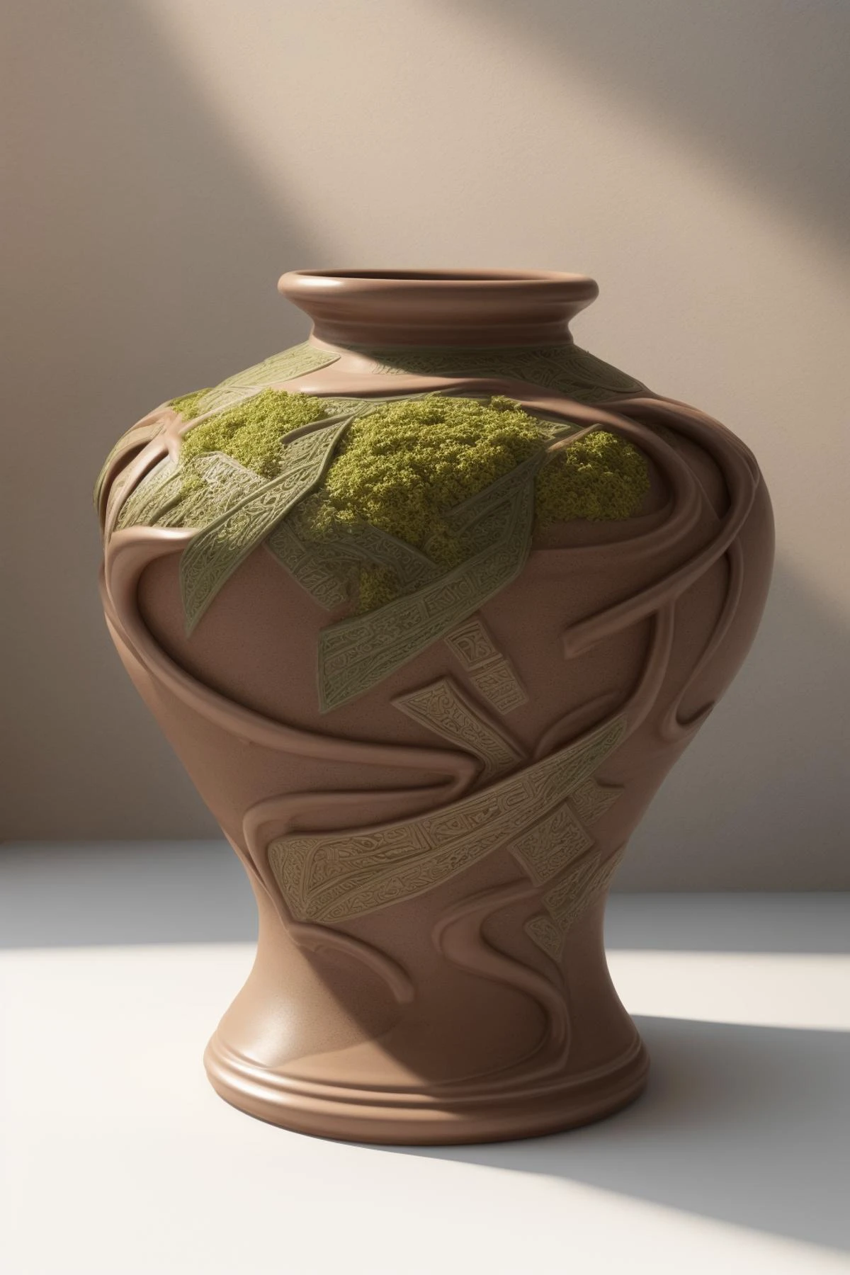 Illuminate a splendid ceramic pottery, crafted from earth-toned clay, adorned with intricate floral patterns. Let the scene be graced by soft, diffused sunlight streaming through large windows, casting warm and gentle rays on the pottery. Take inspiration from the delicate touch of Hokusai, fusing minimalist elegance with detailed organic motifs. Render it using watercolor on paper, capturing the essence of an artisanal still life. Embrace subdued earth tones, featuring warm browns, soft greens, and gentle yellows in the color palette. Situate the pottery on a rustic wooden tabletop amidst natural elements, within a cozy, sunlit cottage overlooking a serene garden. Utilize 3D rendering techniques with an organic touch to convey intricate detailing. <lora:add_detail:0.4> <lora:more_details:0.4>