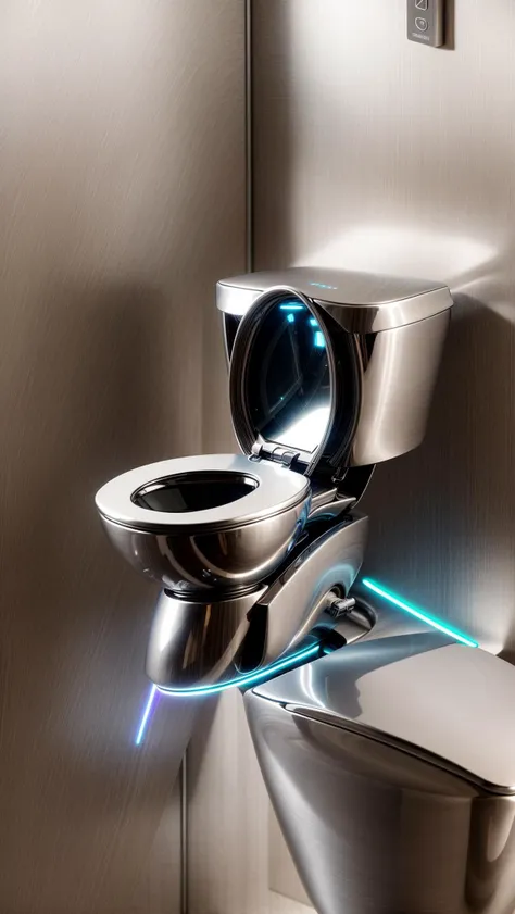 A futuristic toilet sits gracefully in the middle of a high-tech restroom in the city of the future. The toilet is designed with sleek and minimalistic aesthetics, made of stainless steel and glass, emanating a soft neon glow. As people approach it, the toilet activates its self-cleaning and auto-sanitizing mechanisms, creating an efficient and convenient experience. The touch-sensitive interface adds a modern touch to the whole setup. The digital rendering emphasizes every intricate detail, resulting in a high-definition 4K image that showcases the toilet's futuristic allure. <lora:more_details:0.4> <lora:add_detail:0.4> <lora:AntimatterTech:0.4> <lora:Neonpunkai-8:0.6>