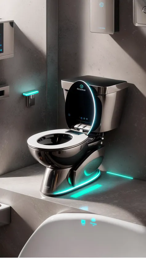 A futuristic toilet sits gracefully in the middle of a high-tech restroom in the city of the future. The toilet is designed with sleek and minimalistic aesthetics, made of stainless steel and glass, emanating a soft neon glow. As people approach it, the toilet activates its self-cleaning and auto-sanitizing mechanisms, creating an efficient and convenient experience. The touch-sensitive interface adds a modern touch to the whole setup. The digital rendering emphasizes every intricate detail, resulting in a high-definition 4K image that showcases the toilet's futuristic allure. <lora:more_details:0.4> <lora:add_detail:0.4> <lora:AntimatterTech:0.4> <lora:Neonpunkai-8:0.6>