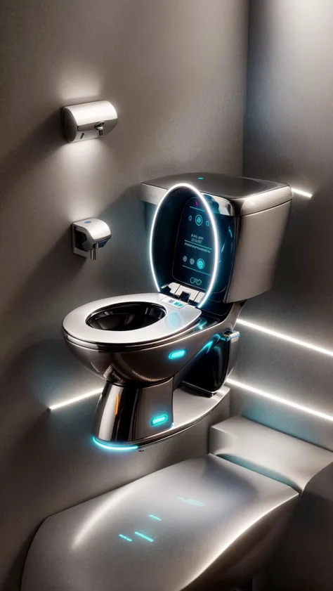 A futuristic toilet sits gracefully in the middle of a high-tech restroom in the city of the future. The toilet is designed with sleek and minimalistic aesthetics, made of stainless steel and glass, emanating a soft neon glow. As people approach it, the toilet activates its self-cleaning and auto-sanitizing mechanisms, creating an efficient and convenient experience. The touch-sensitive interface adds a modern touch to the whole setup. The digital rendering emphasizes every intricate detail, resulting in a high-definition 4K image that showcases the toilet's futuristic allure. <lora:more_details:0.4> <lora:add_detail:0.4> <lora:AntimatterTech:0.4> <lora:Neonpunkai-8:0.6>