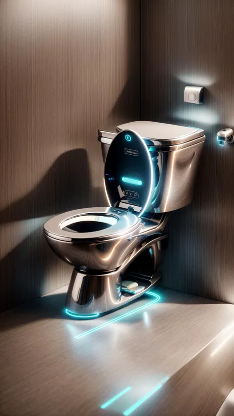 A futuristic toilet sits gracefully in the middle of a high-tech restroom in the city of the future. The toilet is designed with sleek and minimalistic aesthetics, made of stainless steel and glass, emanating a soft neon glow. As people approach it, the toilet activates its self-cleaning and auto-sanitizing mechanisms, creating an efficient and convenient experience. The touch-sensitive interface adds a modern touch to the whole setup. The digital rendering emphasizes every intricate detail, resulting in a high-definition 4K image that showcases the toilet's futuristic allure. <lora:more_details:0.4> <lora:add_detail:0.4> <lora:AntimatterTech:0.4> <lora:Neonpunkai-8:0.6>